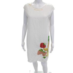 Holding Horses Womens Shift Dress White Graphic Short Sleeve Linen Size XS